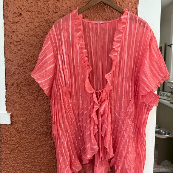 Women’s Y2K Sheer Ruffle Tie Blouse Fairy Peach/Coral Unsized Extra Large? - Picture 1 of 2